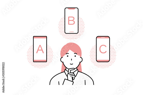 どのスマートフォンを購入するか迷う若い女性のイラスト