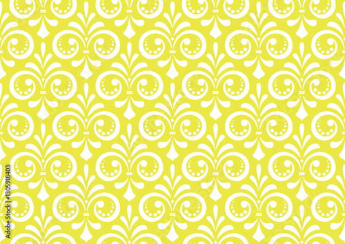 Wallpaper in the style of Baroque. White and yellow floral ornament. Seamless vector background. Graphic pattern for fabric, wallpaper, packaging. Ornate Damask flower illustration