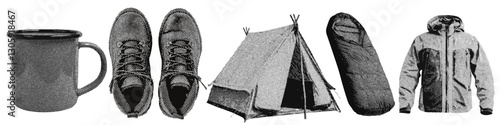 Set of outdoor camping and hiking halftone grunge vector design elements