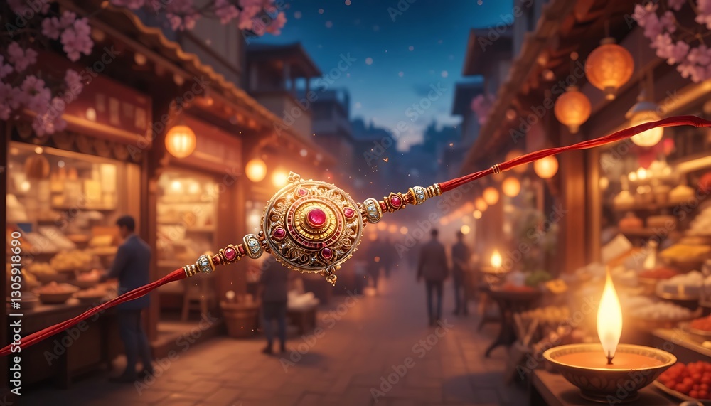 Ornate Rakhi Bracelet with Red Thread and a Diwali Oil Lamp Ornate Rakhi Bracelet with Red Thread and a Diwali Oil Lamp