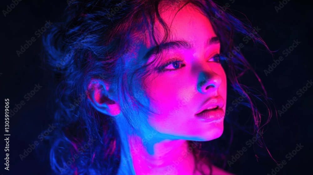 Neon portrait of a young woman with blue and pink lighting Neon portrait of a young woman with blue and pink lighting