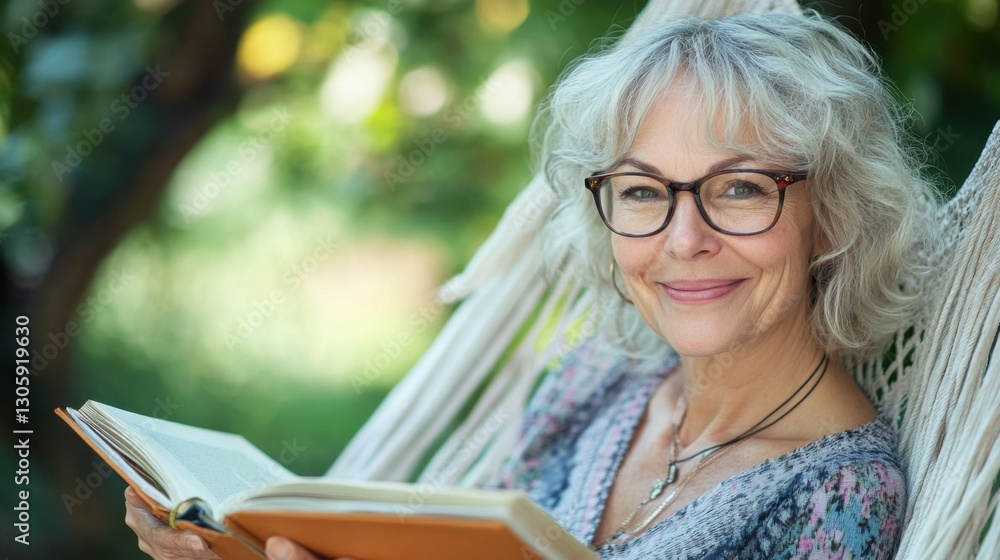 Relaxed senior woman reading book in hammock Relaxed senior woman reading book in hammock