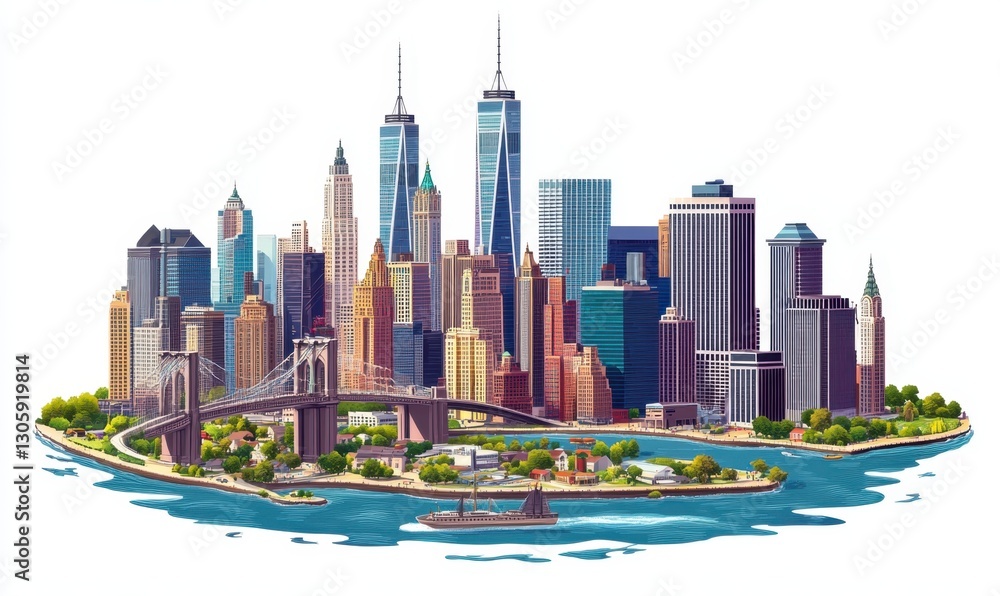 Fototapeta premium NYC island cityscape with bridge, buildings, and water for tourism ads