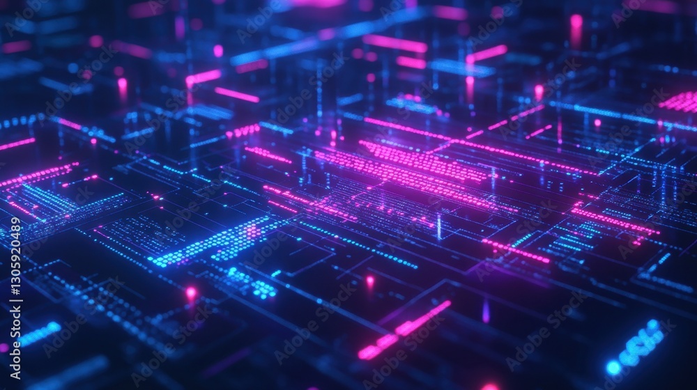 Digital trading concept with neon stock market graphs, binary code, and investment analytics on dark blue background Digital trading concept with neon stock market graphs, binary code, and investment analytics on dark blue background