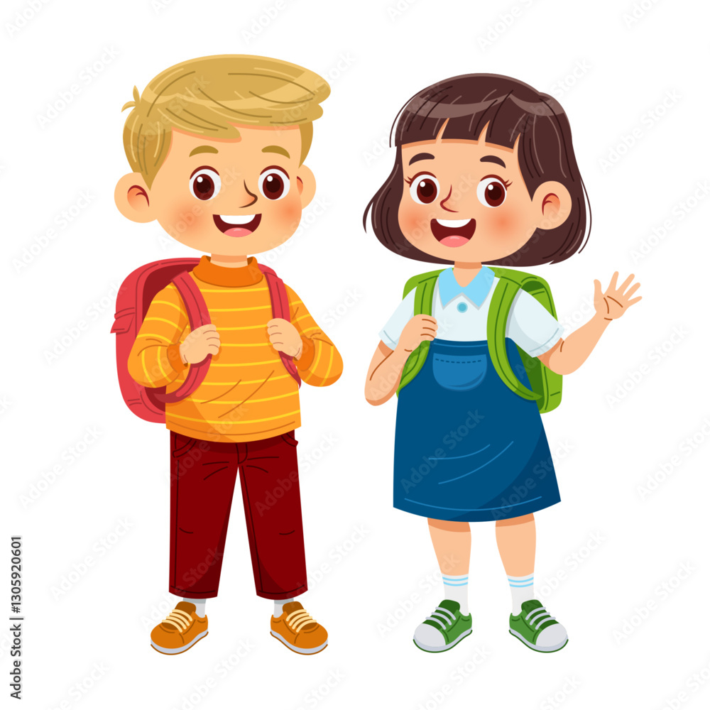 Little boy and girl standing side by side, both smiling cheerfully while carrying backpacks Little boy and girl standing side by side, both smiling cheerfully while carrying backpacks