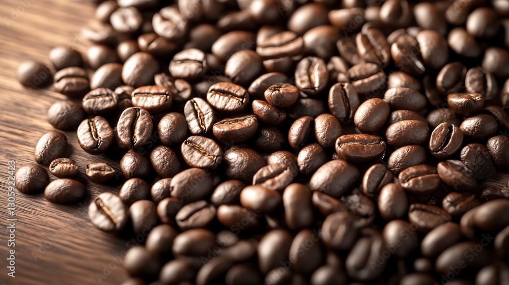 Fototapeta premium Raw coffee beans spread across a wooden surface with a warm and inviting texture and rich dark color