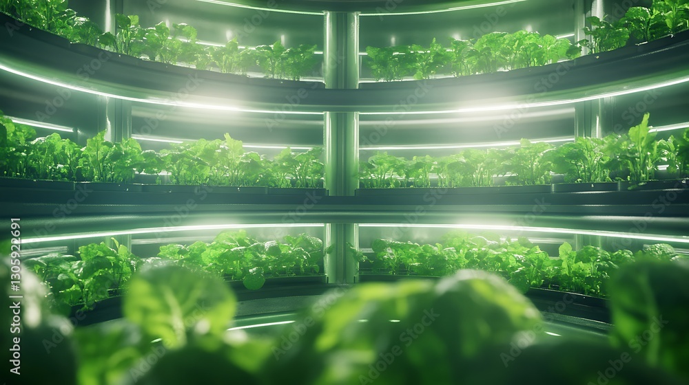Naklejka premium Futuristic hydroponic vertical farm showcasing advanced technology and sustainable agriculture methods.