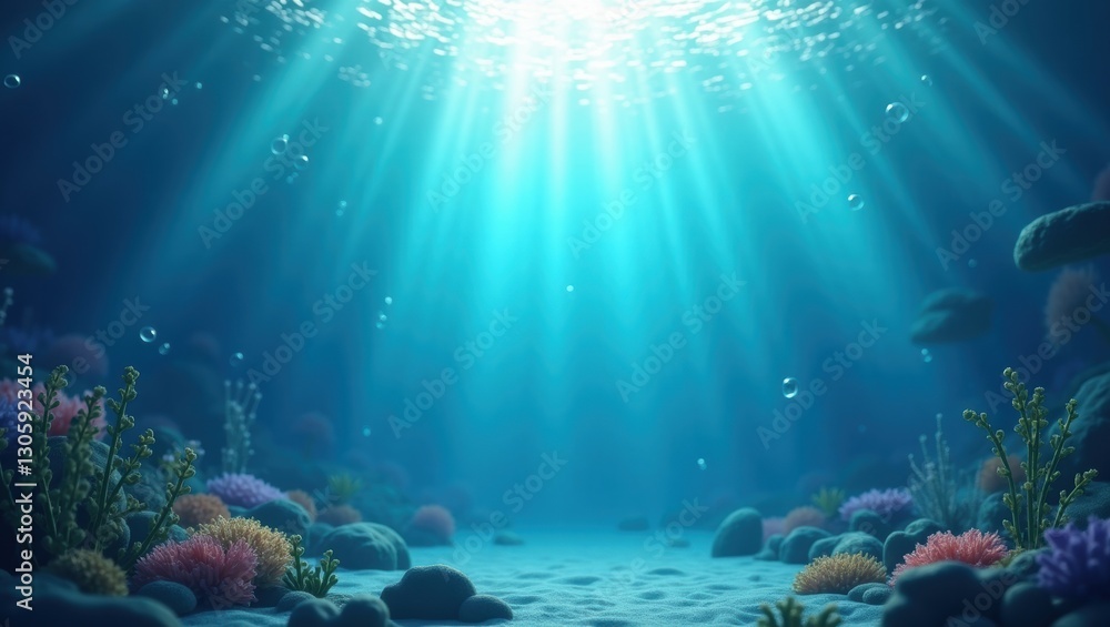 Naklejka premium Serene Underwater Seascape Sunbeams Illuminate Vibrant Coral Reef and Ocean Floor