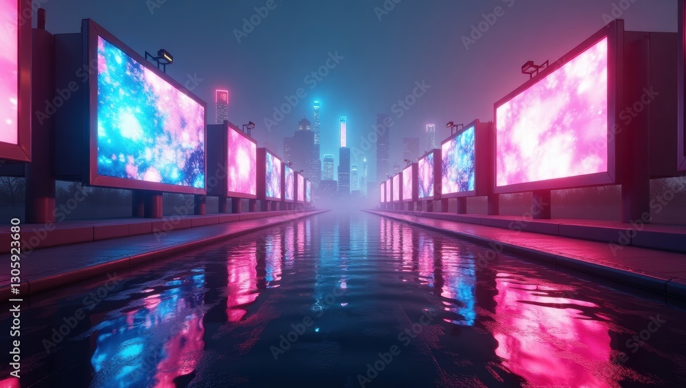 Fototapeta premium Futuristic Cityscape Night Scene Neon Billboards Reflecting on Water Canal