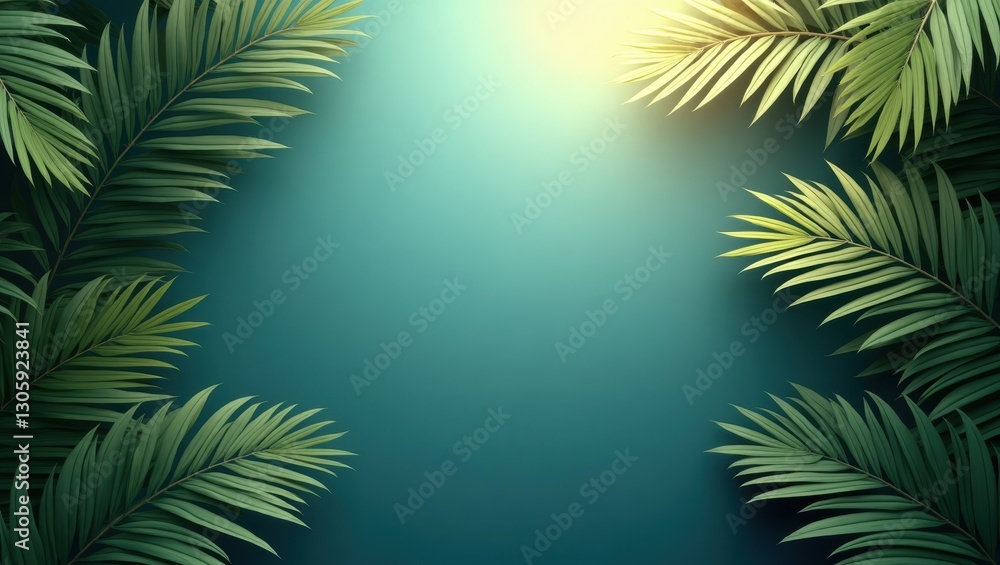 Lush Tropical Palm Leaves Frame on Teal Background Summer Nature Scene Vibrant Green Foliage Lush Tropical Palm Leaves Frame on Teal Background Summer Nature Scene Vibrant Green Foliage