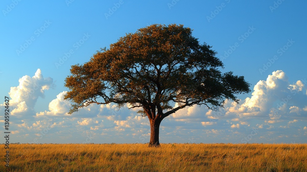 Single tree on golden savanna, tranquil sunset Single tree on golden savanna, tranquil sunset