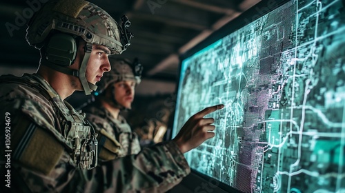 American soldiers analyzing digital map during military operation planning