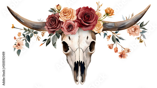 Fototapeta Naklejka Na Ścianę i Meble -  A skull with horns and flowers on it