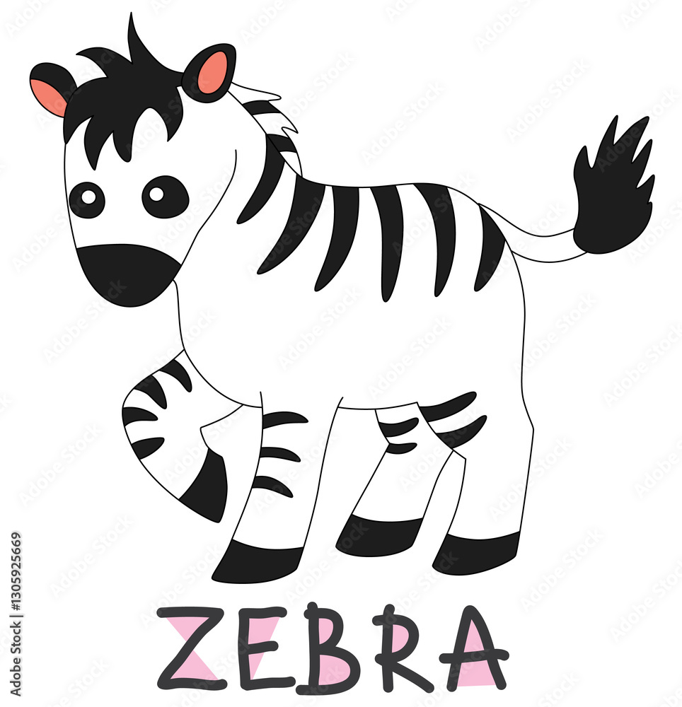 Obraz premium cute cartoon black and white zebra with colorful text below hand written