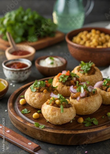 Delicious Indian Pani Puri Chaat Filled with Spiced Chickpeas and Toppings