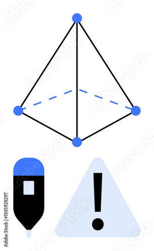 Geometric pyramid structure with dashed and solid lines symbolizing connectivity, USB device for technology, and warning icon for caution. Ideal for education, safety, tech, communication, science