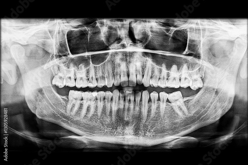 Billede på lærred Dental panoramic x-ray radiograph of an adult patient showing a dentition with a lower molar and upper premolar partially restored with dental filling, a missing lower molars and large sinus cavities