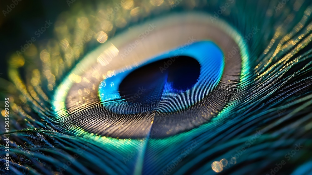Naklejka premium Captivating Peacock Feather Close Up with Vibrant Teal and Gold Hues