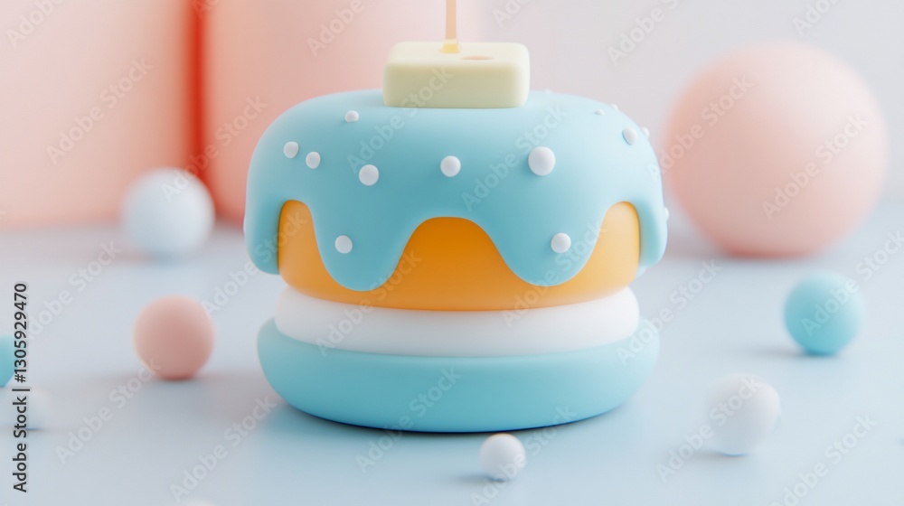 Pastel cake with candle, 3D render, minimal background, celebration Pastel cake with candle, 3D render, minimal background, celebration