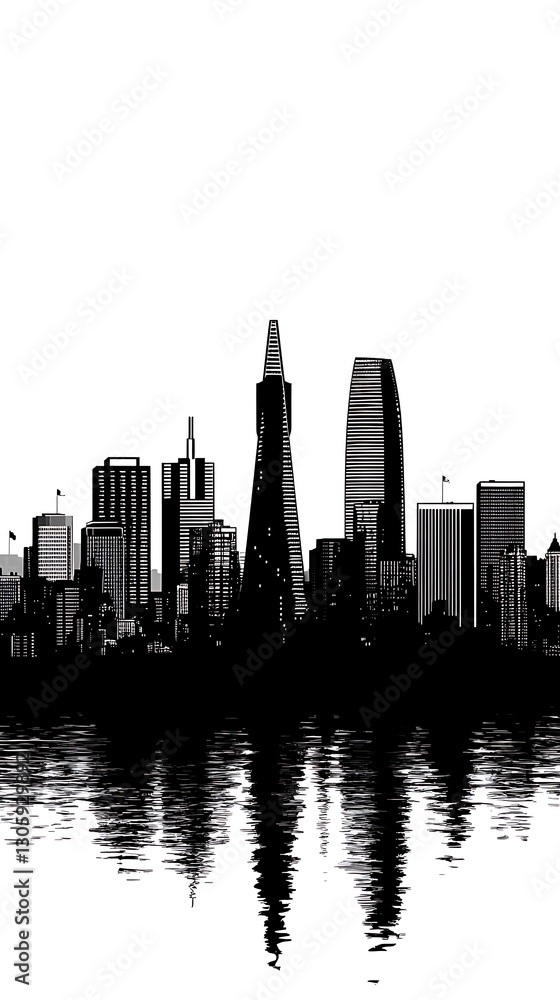 Cityscape reflection, urban skyline, water, day Cityscape reflection, urban skyline, water, day