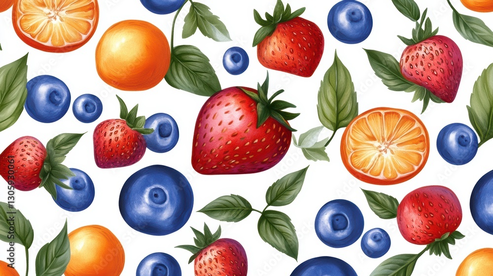 Colorful seamless pattern featuring various fruits like strawberries, oranges, and blueberries. Colorful seamless pattern featuring various fruits like strawberries, oranges, and blueberries.