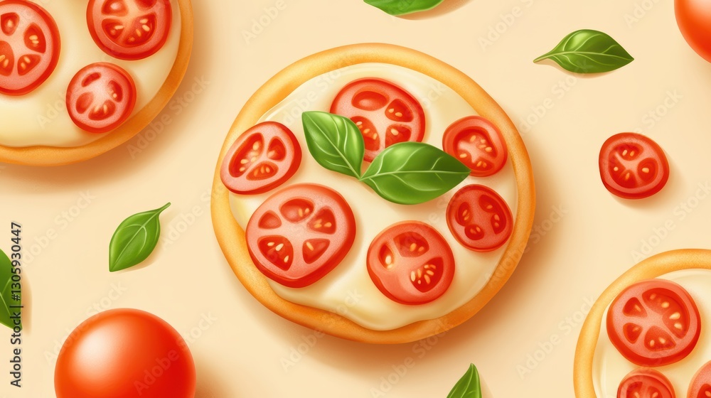 A variety of pizza slices topped with fresh tomatoes and basil leaves. A variety of pizza slices topped with fresh tomatoes and basil leaves.