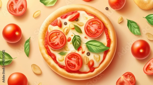 A pizza topped with tomatoes and basil, surrounded by fresh tomatoes.