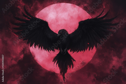 A black bird with red wings flying over a red moon