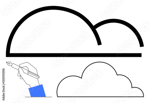 Minimalist hand sketching cloud outlines with fountain pen, emphasizing creativity, design, imagination, innovation, simplicity, art practice, and idea generation. Ideal for creative thinking flat