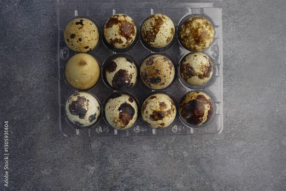 Quail eggs arranged neatly in a plastic tray on a gray surface Quail eggs arranged neatly in a plastic tray on a gray surface