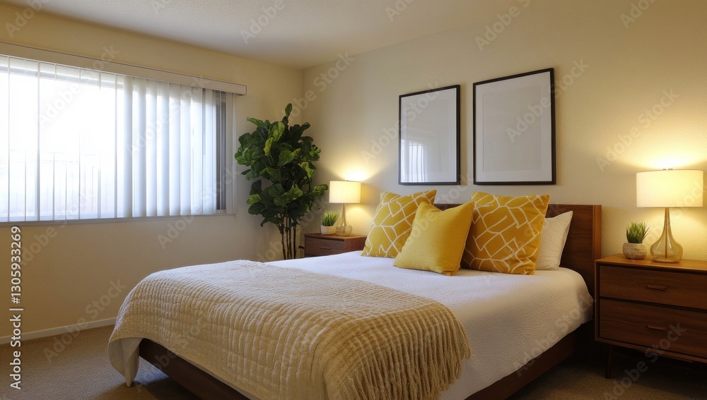 Fototapeta premium Bright, cozy bedroom with modern decor.