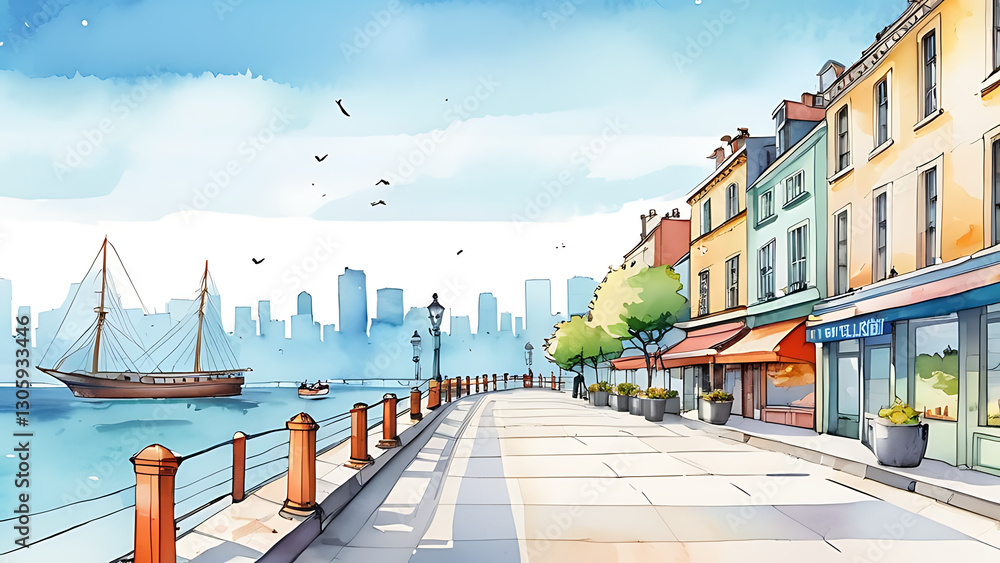 Naklejka premium Watercolor Painting of Coastal City Street with Sailboat and Skyline View