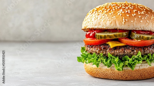 Juicy Hamburger with Sesame Bun on Gray Textured Background