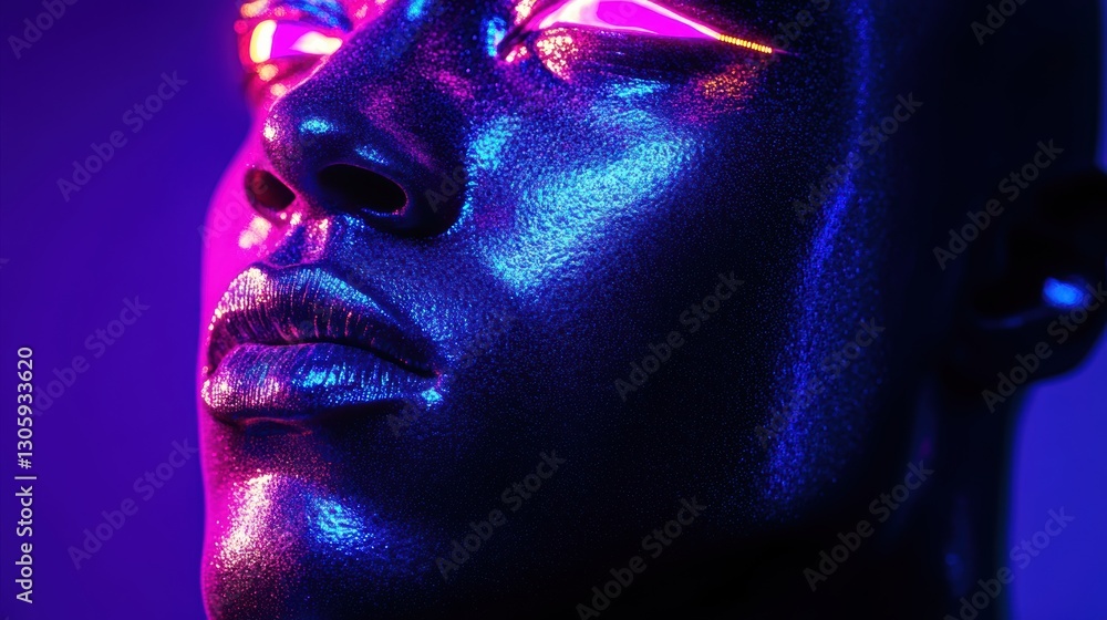 A vibrant close-up of a person showcasing neon makeup against a striking purple background. A vibrant close-up of a person showcasing neon makeup against a striking purple background.