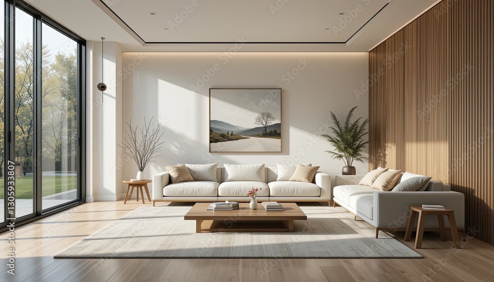 Fototapeta premium Cozy living room interior design modern home photography bright atmosphere wide angle elegance