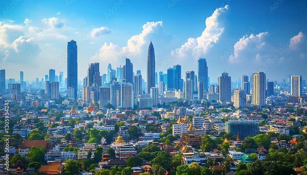 Naklejka premium Cityscape, skyscrapers, temples, sunny day, urban