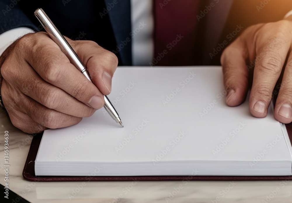 Man Writing with Silver Pen on Blank Notepad in Business Setting Man Writing with Silver Pen on Blank Notepad in Business Setting