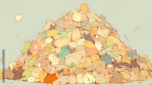 A vibrant pile of cartoon cats in various colors, playfully stacked, with a serene background