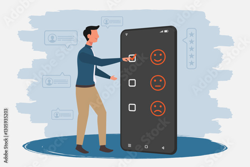 Man gives rating to service experience on a mobile phone. Customer review satisfaction feedback concept.