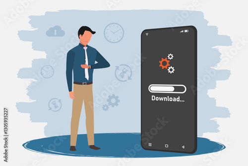 Businessman waiting for the download process on his smartphone. Estimated time to download a data.