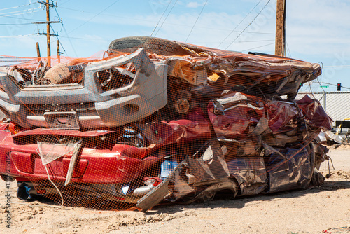 Compact cars smashed by the crusher at a salvage yard and stacked ready for shipment for recycling.