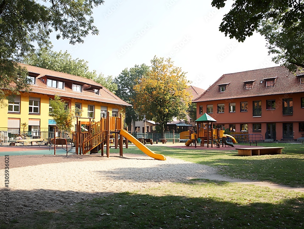 Colorful playground between buildings