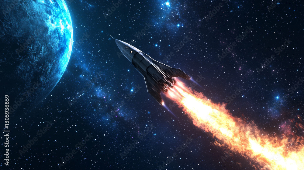 Obraz premium sleek spaceship launching into starry expanse, leaving fiery trail behind. vastness of space surrounds it, evoking sense of adventure and