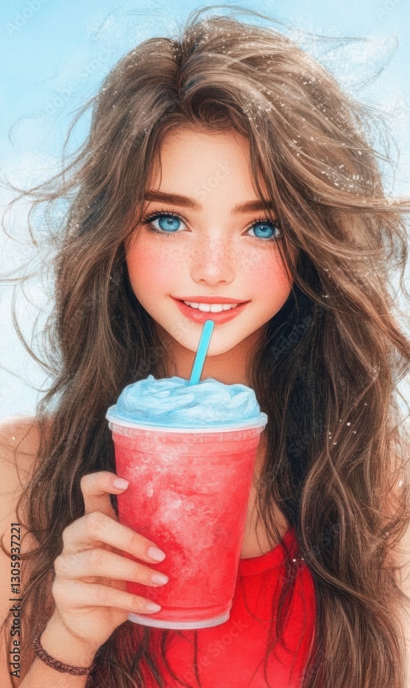 A girl enjoys a refreshing drink through a straw in this close-up image. A girl enjoys a refreshing drink through a straw in this close-up image.