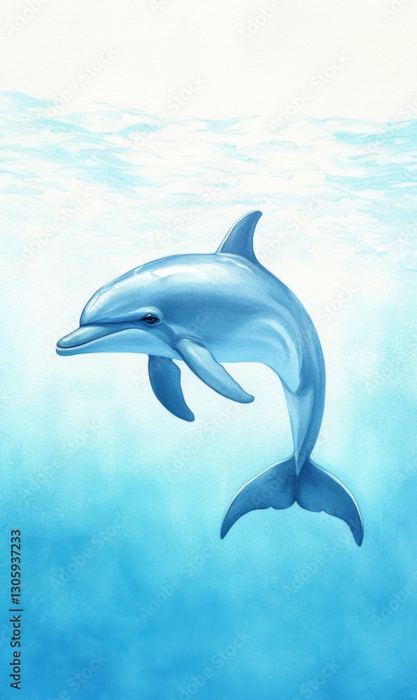 Obraz premium Dolphin swimming in the ocean against a vibrant blue background.