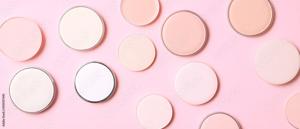 Cosmetic product display studio setting flat lay arrangement bright pink background aesthetic focus Cosmetic product display studio setting flat lay arrangement bright pink background aesthetic focus