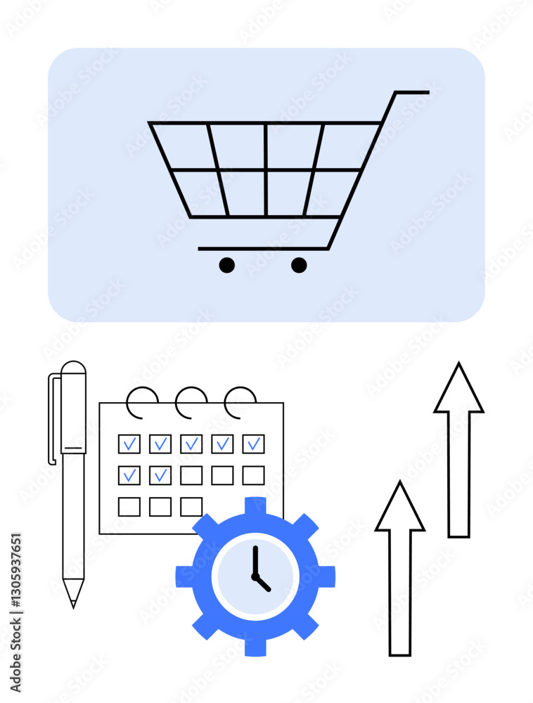 Shopping cart highlights e-commerce focus, clock gear symbolizes efficiency, calendar checklist reflects task planning and prioritization, and arrows indicate upward growth. Ideal for themes of Shopping cart highlights e-commerce focus, clock gear symbolizes efficiency, calendar checklist reflects task planning and prioritization, and arrows indicate upward growth. Ideal for themes of