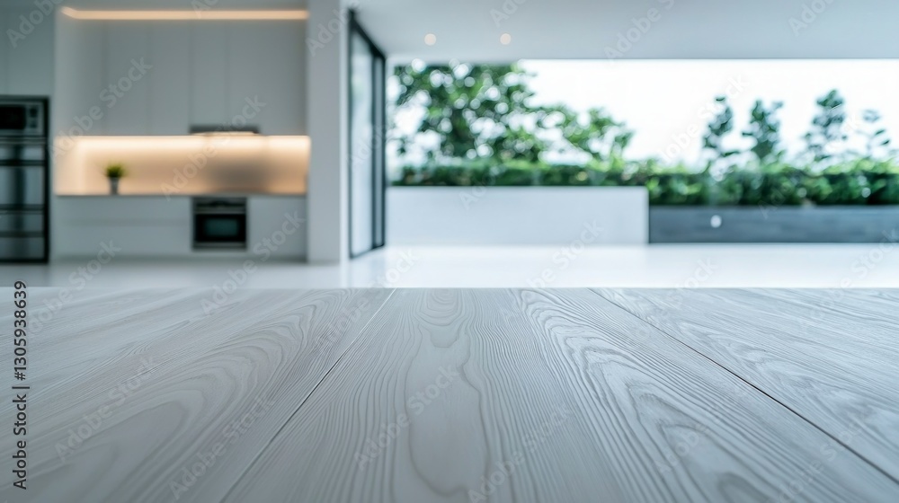 Fototapeta premium Modern Kitchen Interior Design Empty Light Wood Tabletop Space for Product Display