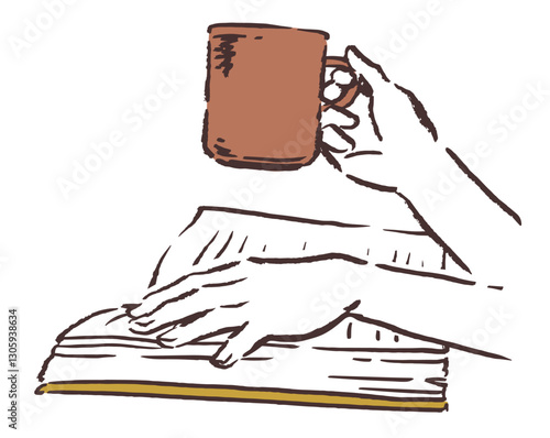コーヒーを飲みながら本を読む手のイラスト。ベクターイラスト素材。
