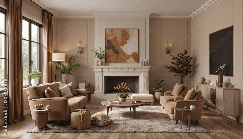 Fototapeta premium Cozy living room design modern home interior inspiration warm environment wide angle comfort concept